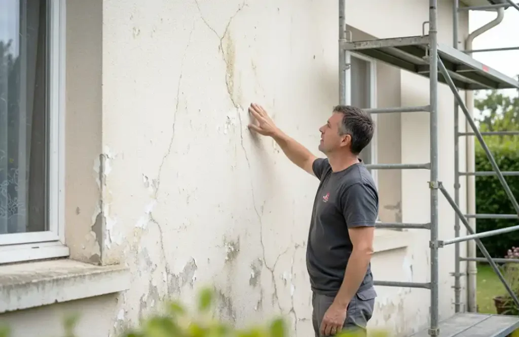 Comment savoir si un ravalement de façade est nécessaire Un homme inspecte les fissures et la peinture endommagée sur le mur extérieur d'une maison près d'une fenêtre, avec un échafaudage installé à côté de lui - illustrant comment savoir si un ravalement de façade est nécessaire.