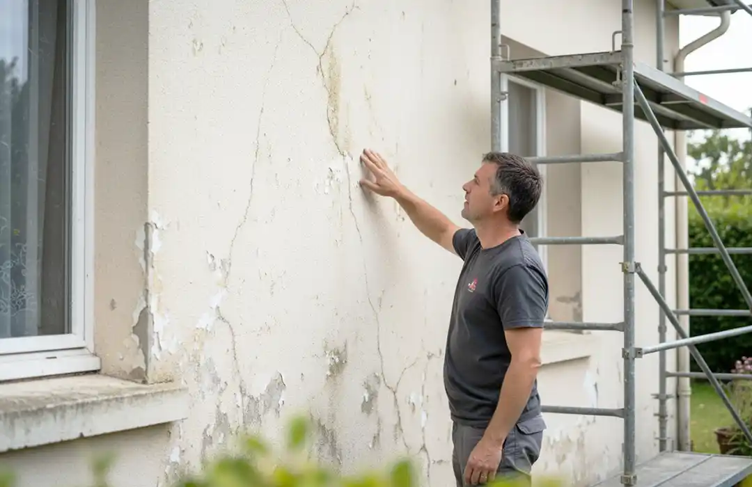 Comment savoir si un ravalement de façade est nécessaire Un homme inspecte les fissures et la peinture endommagée sur le mur extérieur d'une maison près d'une fenêtre, avec un échafaudage installé à côté de lui - illustrant comment savoir si un ravalement de façade est nécessaire.