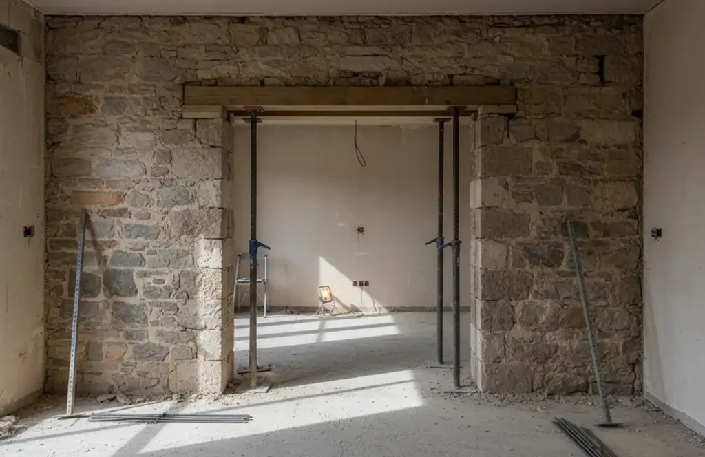 Modifier un mur porteur - Destpec Un mur en pierre avec une ouverture soutenue par des poteaux métalliques et une poutre en bois, montrant une pièce partiellement rénovée - idéale pour ceux qui cherchent à modifier un mur porteur - avec des matériaux de construction et une lampe de travail sur le sol.