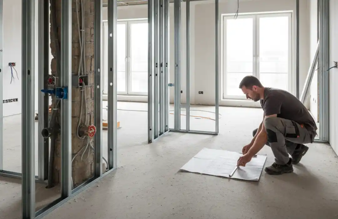 Rénovation intérieure – par où commencer Un homme est agenouillé sur le sol d'un bâtiment en construction, mesurant ou marquant un plan, une scène typique de la rénovation intérieure. La pièce se caractérise par des cadres muraux métalliques, des câbles apparents et de grandes fenêtres qui laissent entrer la lumière naturelle.