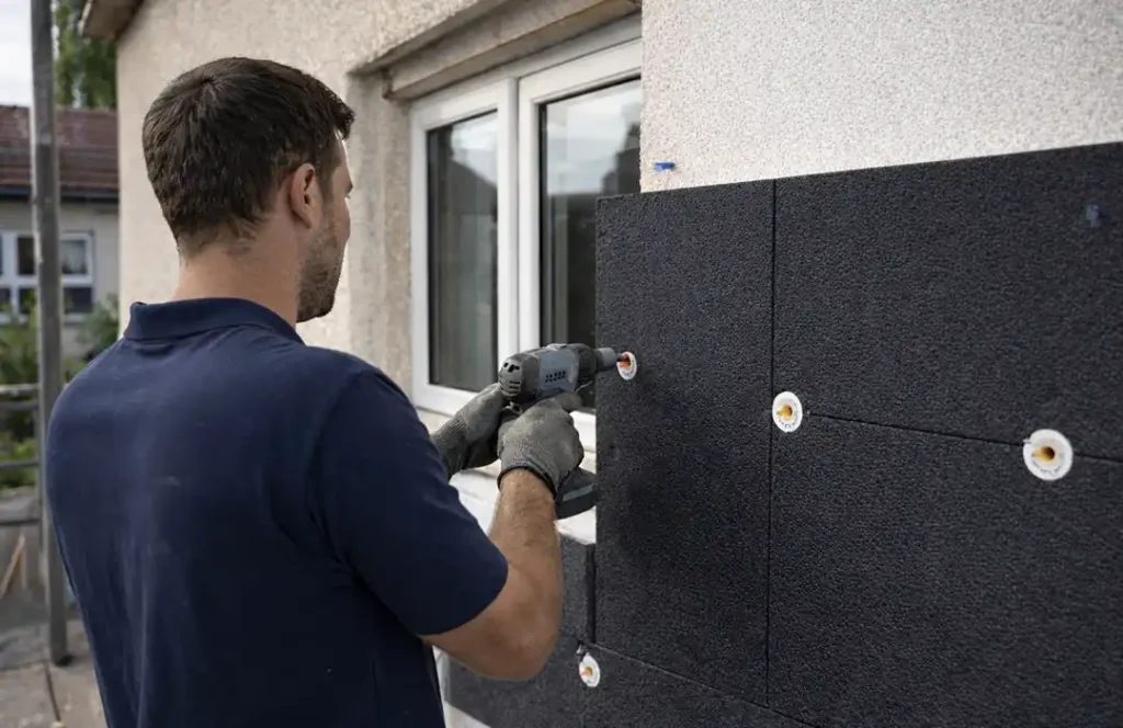 Traiter les ponts thermiques avec ITE Un homme portant des gants utilise une perceuse électrique pour fixer des panneaux isolants noirs sur le mur extérieur d'un bâtiment, près d'une fenêtre, afin de traiter les ponts thermiques et d'améliorer l'efficacité énergétique.