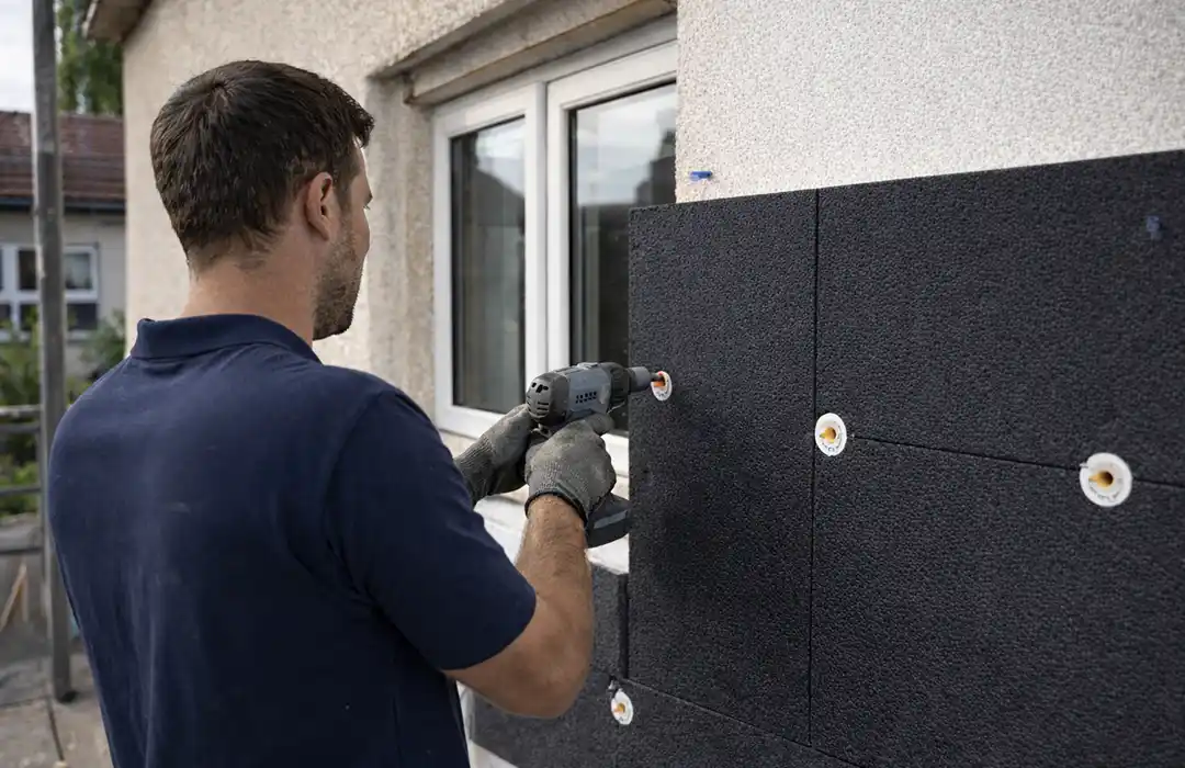 Traiter les ponts thermiques avec ITE Un homme portant des gants utilise une perceuse électrique pour fixer des panneaux isolants noirs sur le mur extérieur d'un bâtiment, près d'une fenêtre, afin de traiter les ponts thermiques et d'améliorer l'efficacité énergétique.