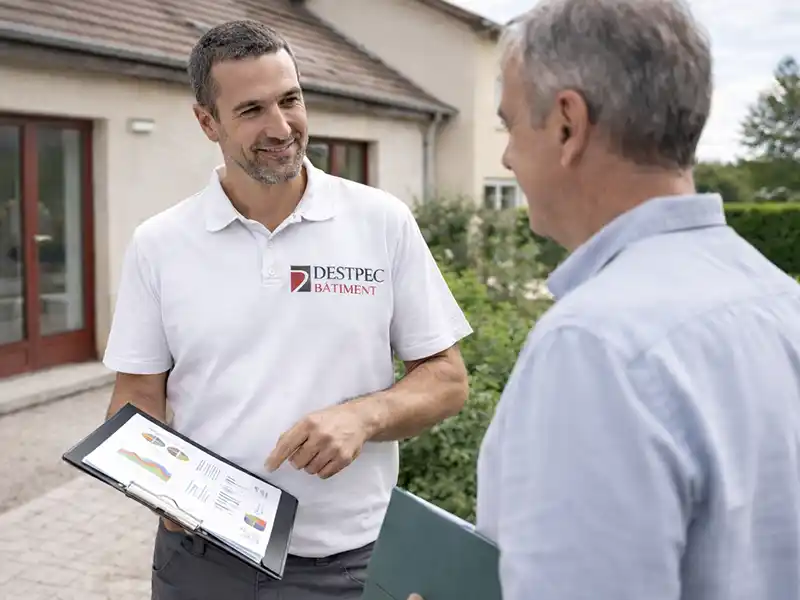 Aides à la rénovation énergétique - Destpec Batiment Un homme vêtu d'une chemise blanche DESTPEC BATIMENT montre un presse-papiers contenant des tableaux sur les aides à la rénovation énergétique à un client à l'extérieur d'une maison, tous deux souriants et engagés dans une conversation.