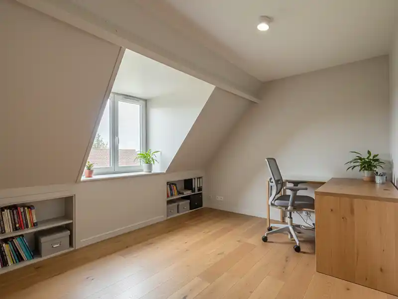 Aménagement bureau dans les combles - Destpec Un bureau à domicile minimaliste avec des planchers en bois clair, un grand bureau, une chaise ergonomique et de nombreuses étagères encastrées - un aménagement idéal bureau dans les combles où les plantes en pot et la lumière naturelle créent un espace de travail calme et accueillant.
