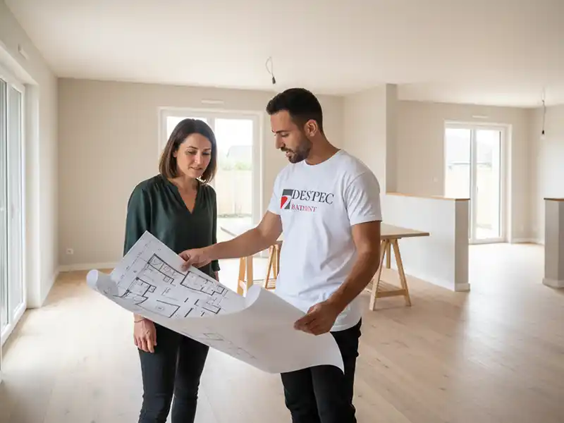 Aménagement intérieur clé en main par Destpec Un homme et une femme se trouvent dans une pièce vide et lumineuse avec des planchers en bois, et regardent un grand plan d'étage - envisager un aménagement intérieur clé en main par Destpec. L'homme porte un t-shirt DESTPEC blanc, la femme un chemisier foncé.