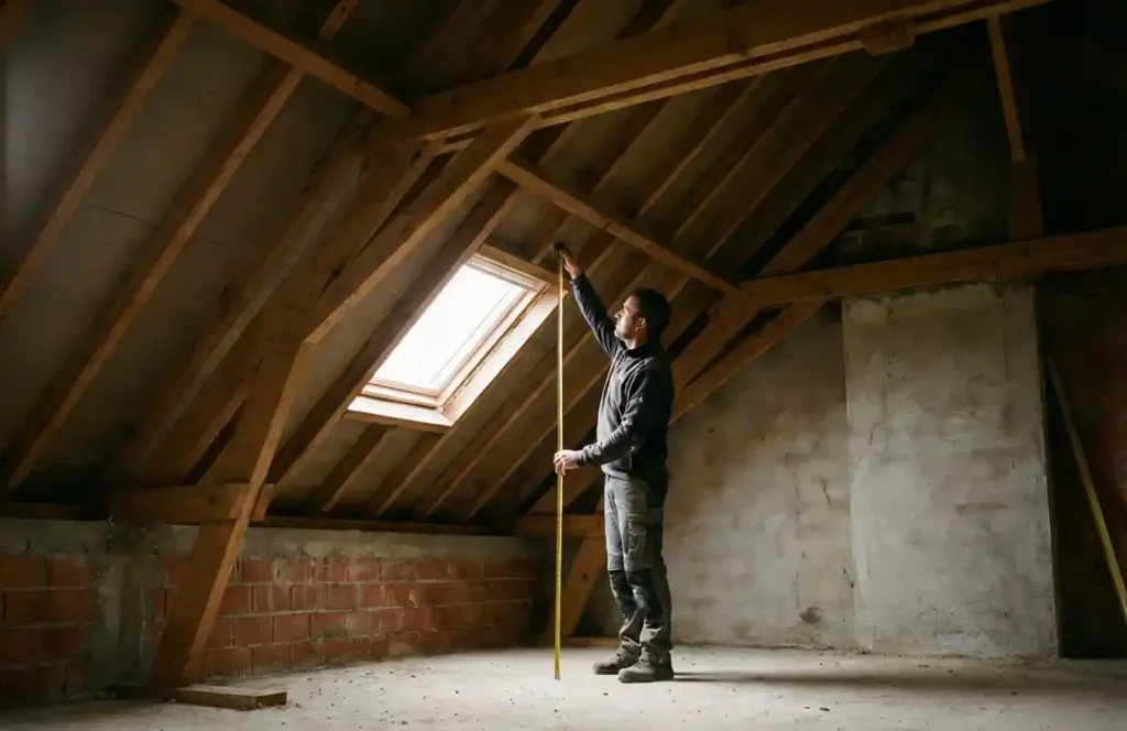 Comment savoir si ses combles sont aménageables Une personne se tient dans un grenier inachevé avec des poutres apparentes et des murs en briques, mesurant la hauteur de l'espace près d'une fenêtre de toit, se demandant comment savoir si ses combles sont aménageables.