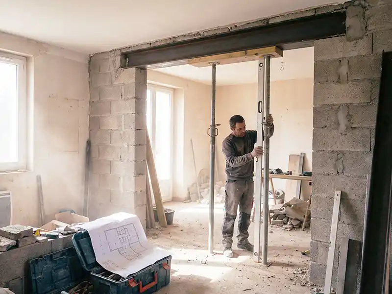 Création ouverture mur porteur - Destpec Un ouvrier den maçonnerie installe des poteaux de soutien dans l'ouverture d'un mur partiellement démoli lors d'une création ouverture mur porteur. Des outils, des matériaux de construction et des plans sont éparpillés tandis que la lumière traverse de grandes fenêtres.