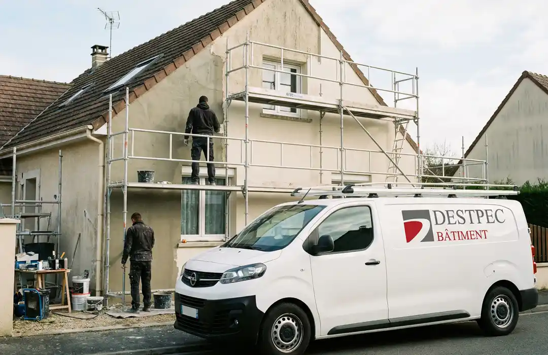 Entreprise de rénovation étampes – Destpec Batiment Deux ouvriers d'une entreprise de rénovation tous corps d'état à Étampes se tiennent sur un échafaudage, peignant l'extérieur d'une maison beige. Une camionnette de DESTPEC BÂTIMENT est garée devant la maison, avec du matériel de peinture éparpillé à proximité.