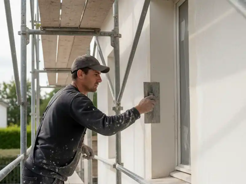 Expert ravalement en Essonne 91 - Destpec Un expert en ravalement de façade, coiffé d'une casquette et vêtu de vêtements sombres, applique du plâtre ou de la peinture sur le mur extérieur d'un bâtiment à l'aide d'une truelle, debout sur un échafaudage.