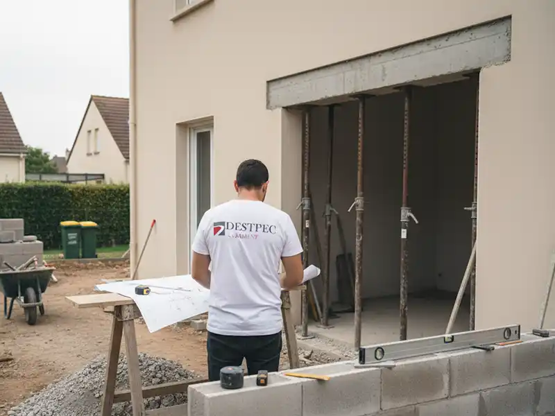 Expertise maçonnerie - Destpec Batiment Un homme vêtu d'une chemise DESTPEC blanche, mettant en avant son expertise en matière de maçonnerie, examine des plans de construction à l'extérieur d'un bâtiment beige en cours de rénovation, entouré d'outils, d'un niveau et de matériaux de construction.