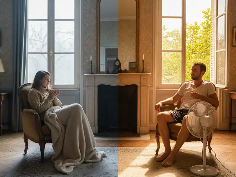 Froid en hiver et chaud en été - Destpec Une femme enveloppée dans une couverture est assise à gauche dans une pièce fraîche à la lumière grise, tandis qu'un homme en short se détend à droite dans un espace ensoleillé avec un ventilateur - illustrant froid en hiver et chaud en été au sein de la même maison.