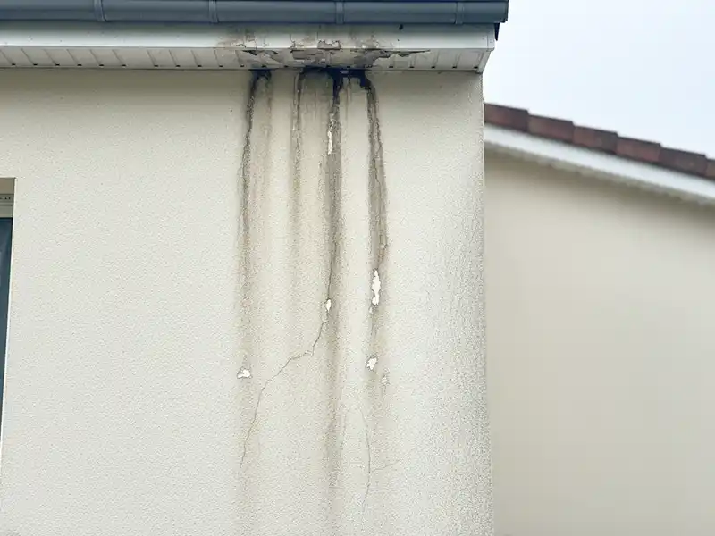 Humidité dans les murs Mur extérieur d'une maison présentant des stries sombres partant du bord du toit et montrant des signes d'humidité dans les murs, des dégâts des eaux, des taches et un décollement de la peinture sous une gouttière.