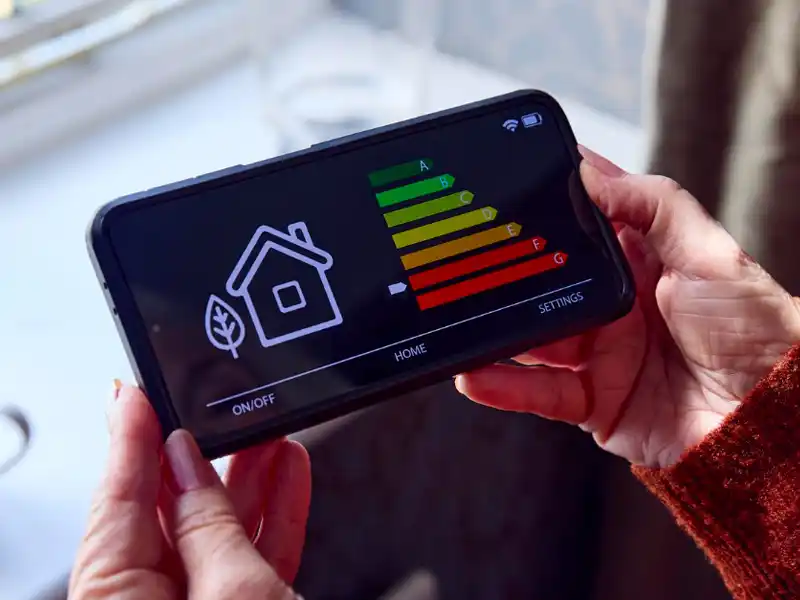 Maison énergivore Une personne tient un smartphone affichant un tableau d'évaluation de l'efficacité énergétique de A à G à côté d'une icône de maison, mettant en évidence la possibilité d'identifier une maison énergivore.