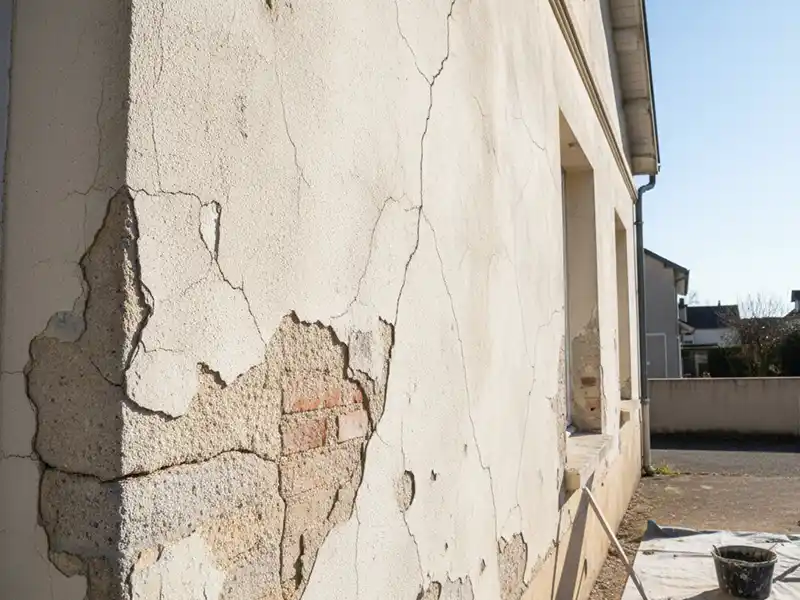 Murs à rénover - Destpec Gros plan d'un mur extérieur présentant des fissures importantes et un décollement de l'enduit, laissant apparaître les briques sous-jacentes. Les dégâts suggèrent des problèmes structurels, mettant en évidence les murs à rénover classiques sous la lumière du soleil.