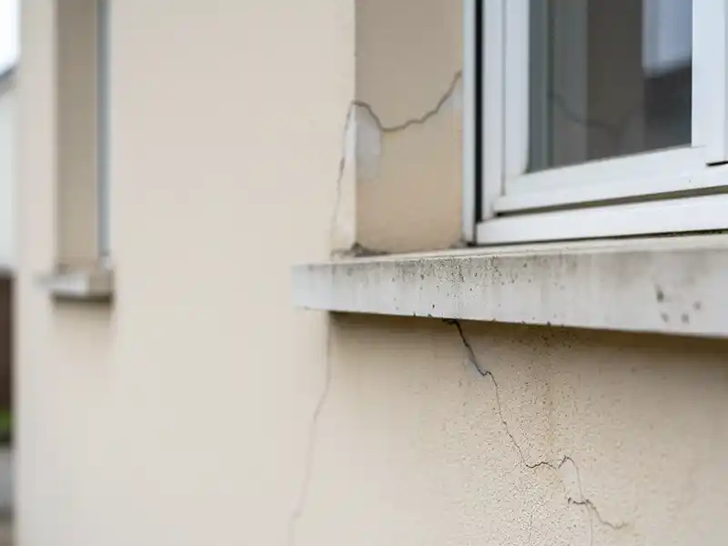 Murs fissurés Gros plan d'un mur extérieur de maison avec des murs fissurés s'étendant à partir de la zone de la fenêtre, indiquant des dommages structurels ou des problèmes de fondation. Le mur clair et le cadre blanc de la fenêtre mettent en évidence les fissures visibles.