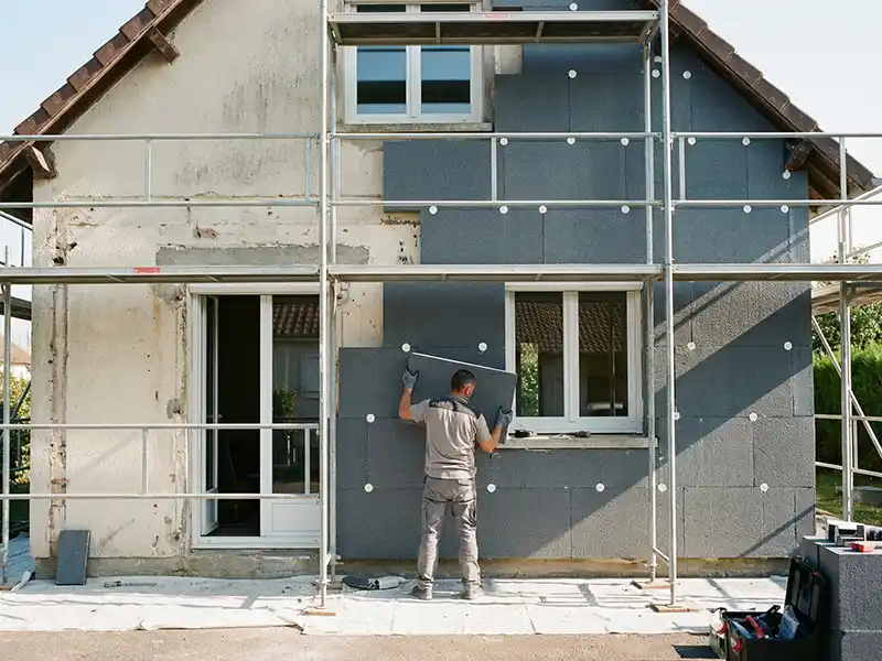 Rénovation ITE Essonne 91 - Destpec Batiment Un ouvrier pose des panneaux d'isolation sur le mur extérieur d'une maison à l'aide d'un échafaudage lors d'un projet de rénovation de l'ITE Essonne 91. Le côté gauche reste inachevé, tandis que le côté droit est partiellement recouvert de panneaux d'isolation foncés.