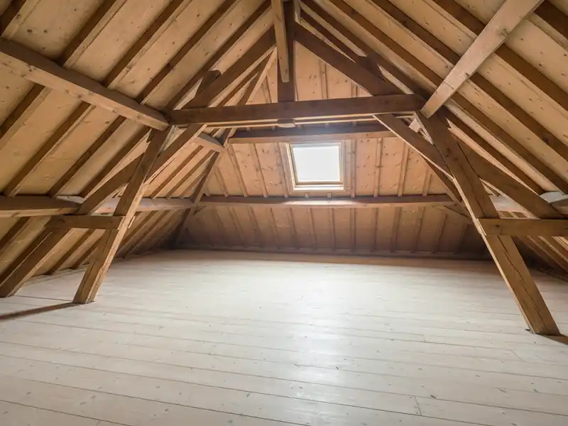 comble avec potentiel - Destpec Grenier inachevé avec des poutres en bois apparentes, un toit en bois incliné et une seule fenêtre de toit qui laisse passer la lumière naturelle sur le plancher en bois clair. Ce comble avec potentiel est vide, propre et prêt à accueillir votre vision.